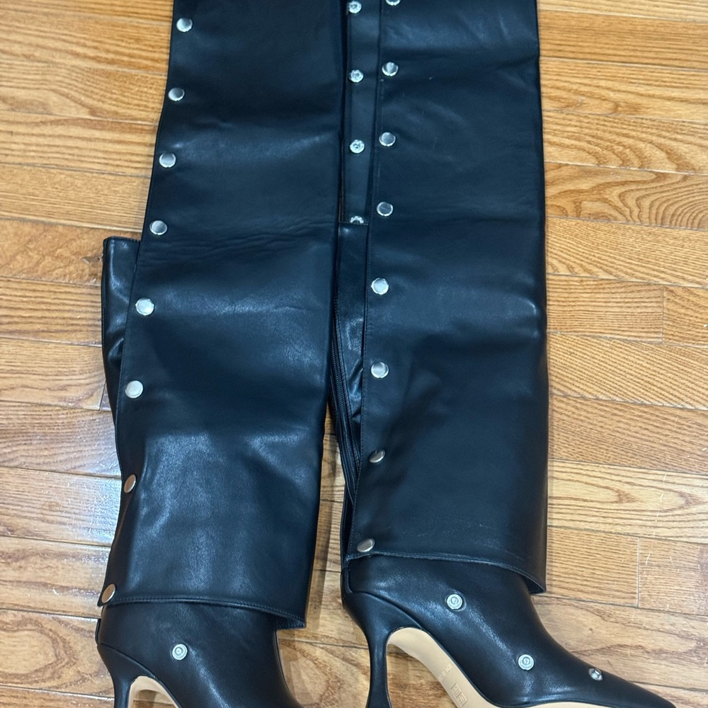 Black Over-the-Knee Snap-Detail Boots